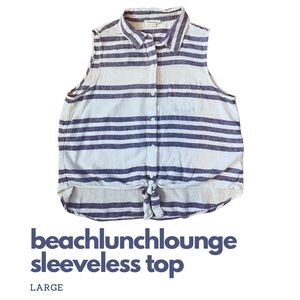BeachLunchLounge - Tie Front Knot Linen Blend Blue and White Striped Top Size L
